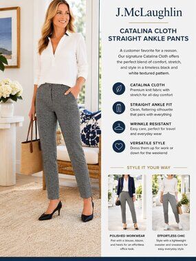 J McLaughlin Catalina Cloth Pants SZ10 Black White Straight Ankle Weekend Wear